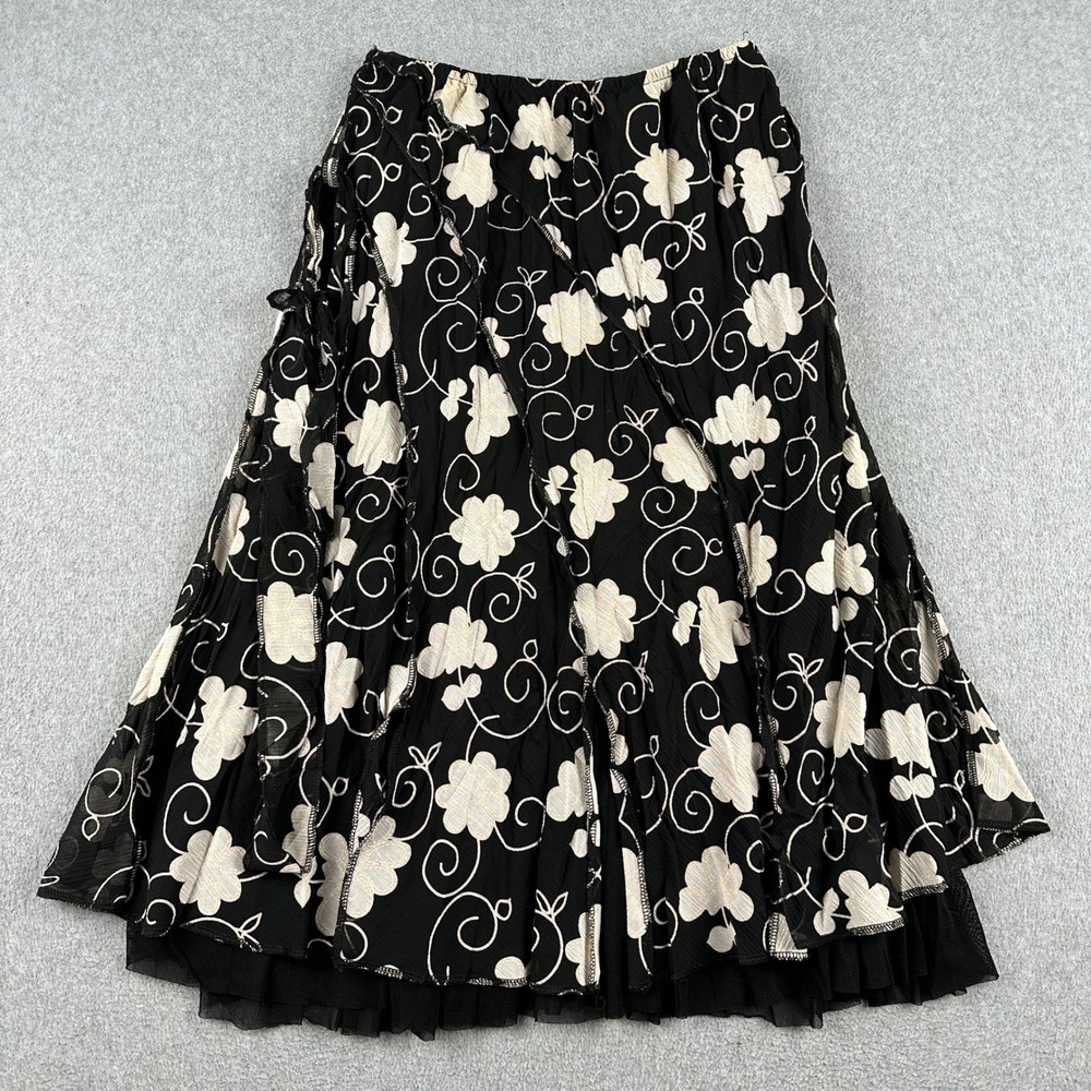 Zephirus Skirt Womens Medium Black Floral Layered Mesh Hem Elastic Waist Crinkle